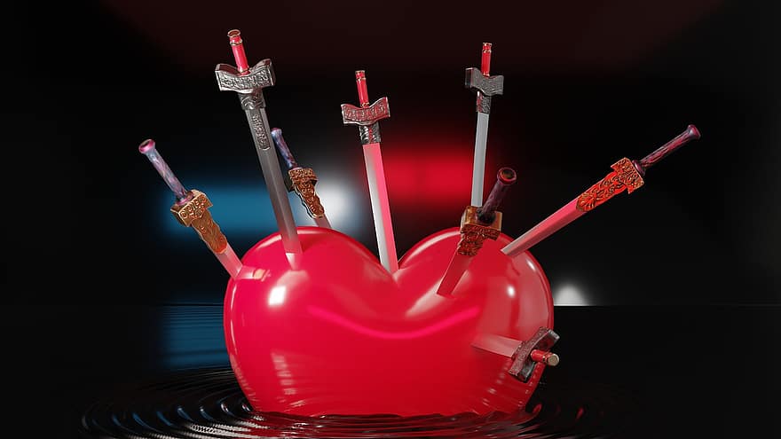 kılıç, kalp, kırık kalp, 3d render, Aşk, kutlama, kalp şekli, romantik, arka, sembol, ekipman