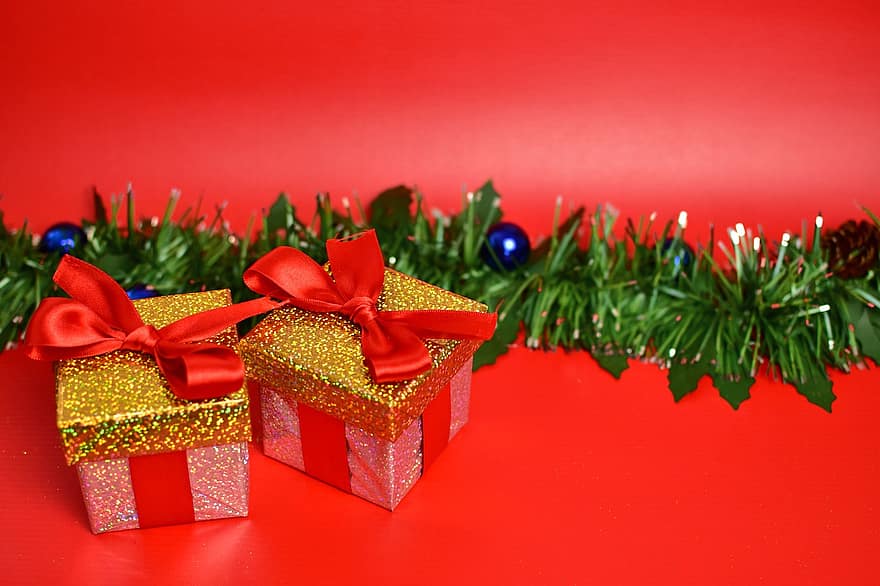 gåvor, överraskning, lådor, jul, vinter-, dekoration, sfärer, krans, band, tejp, Semester