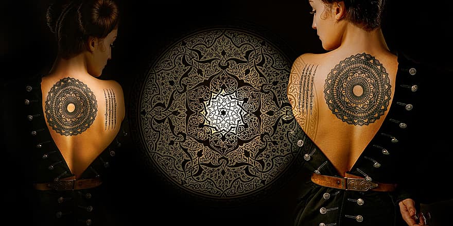 mandala, spirituale, giovane donna, tatuaggio, corpo, donna, consapevolezza, rilassamento, nuvole, zen, Mandala Art