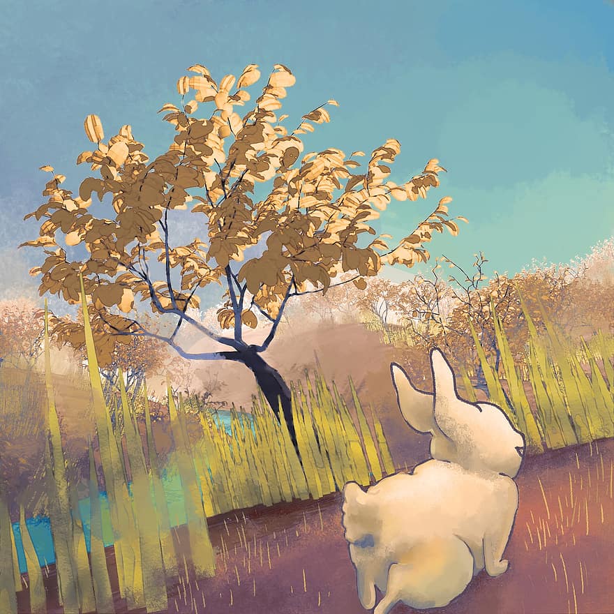 kanin, träd, gräsmark, löv, himmel, målning, naturlig, höst, illustration, landskap, säsong