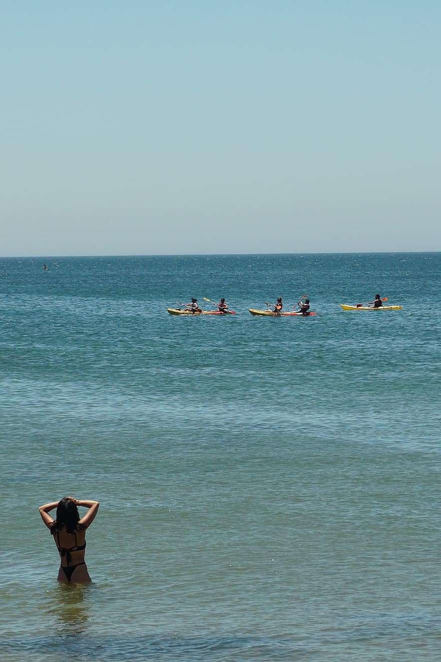 kajak, óceán, Praia, Algarve, nyári, turisták, emberek, vakáció, ünnep, kajakozás, strand