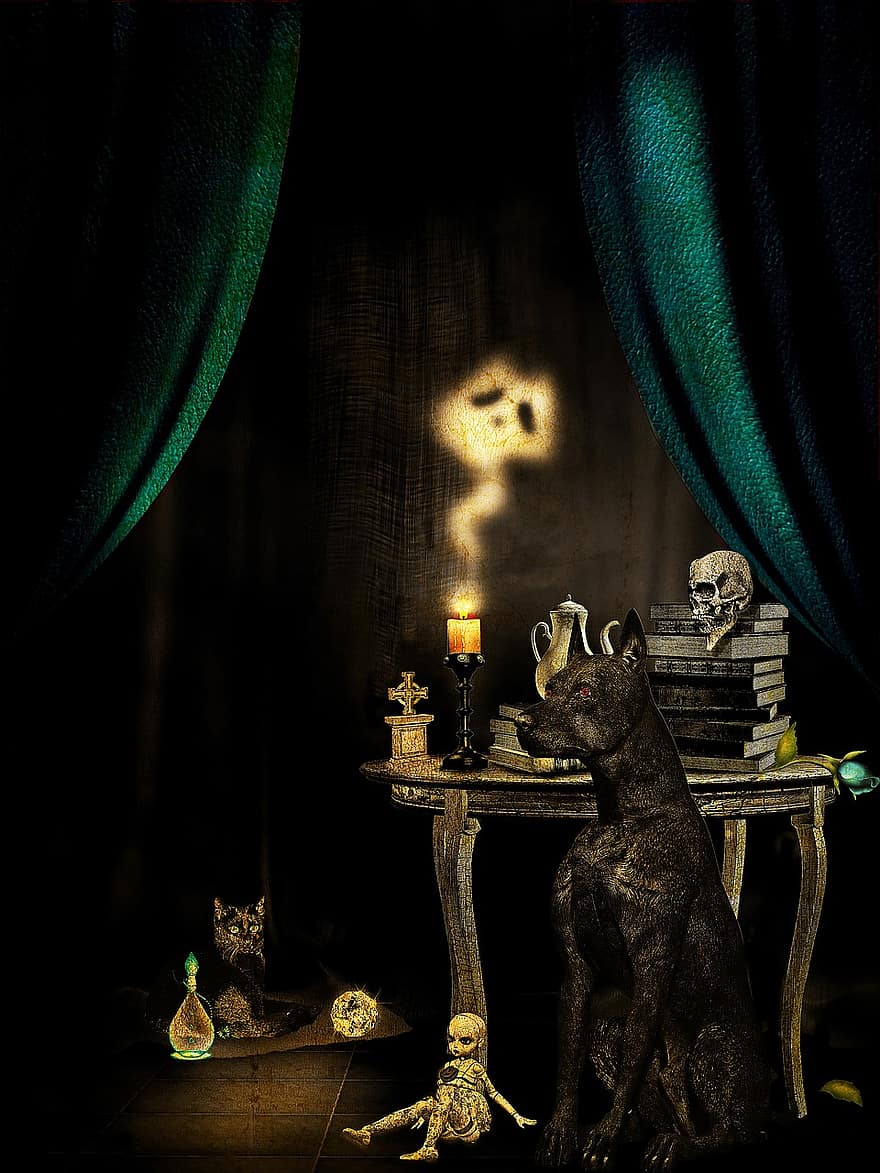 pies, posiedzenie, kot, lalka, 3d, renderowanie, świeca, ciemny, czaszka, stół, czarny kot