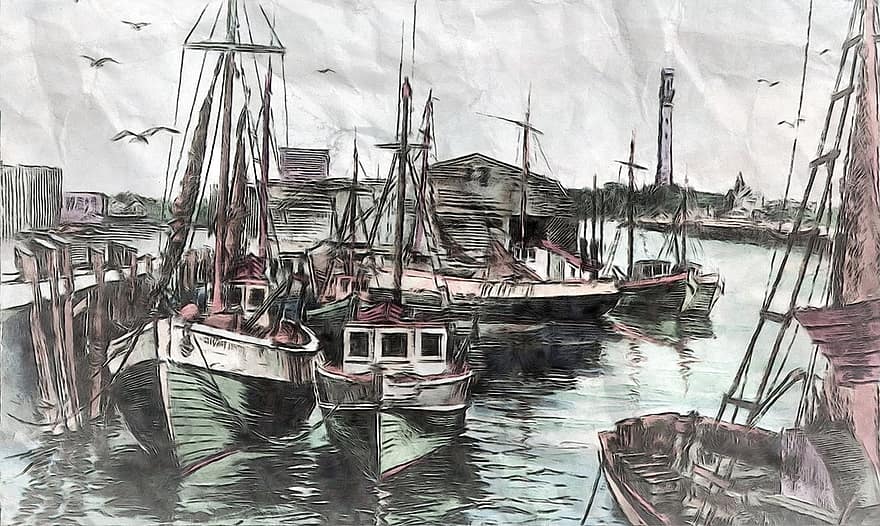 Régi horgászdokkok, Provincetown, kicsi, kereskedelmi, hajó, dokkolt, halászat, víz, zarándok, emlékmű, szüret