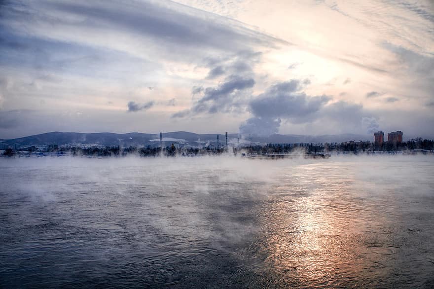 nebbia, città, fiume, all'aperto, Siberia, Russia, Rekea, Yenisei