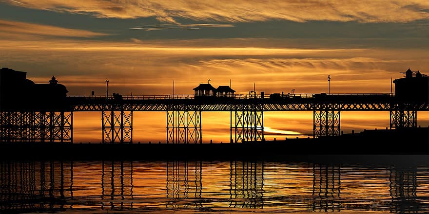 Sunset, Pier, Sea, Silhouette, Bridge, Structure, Reflection, Water, Bay, Dusk, Dark