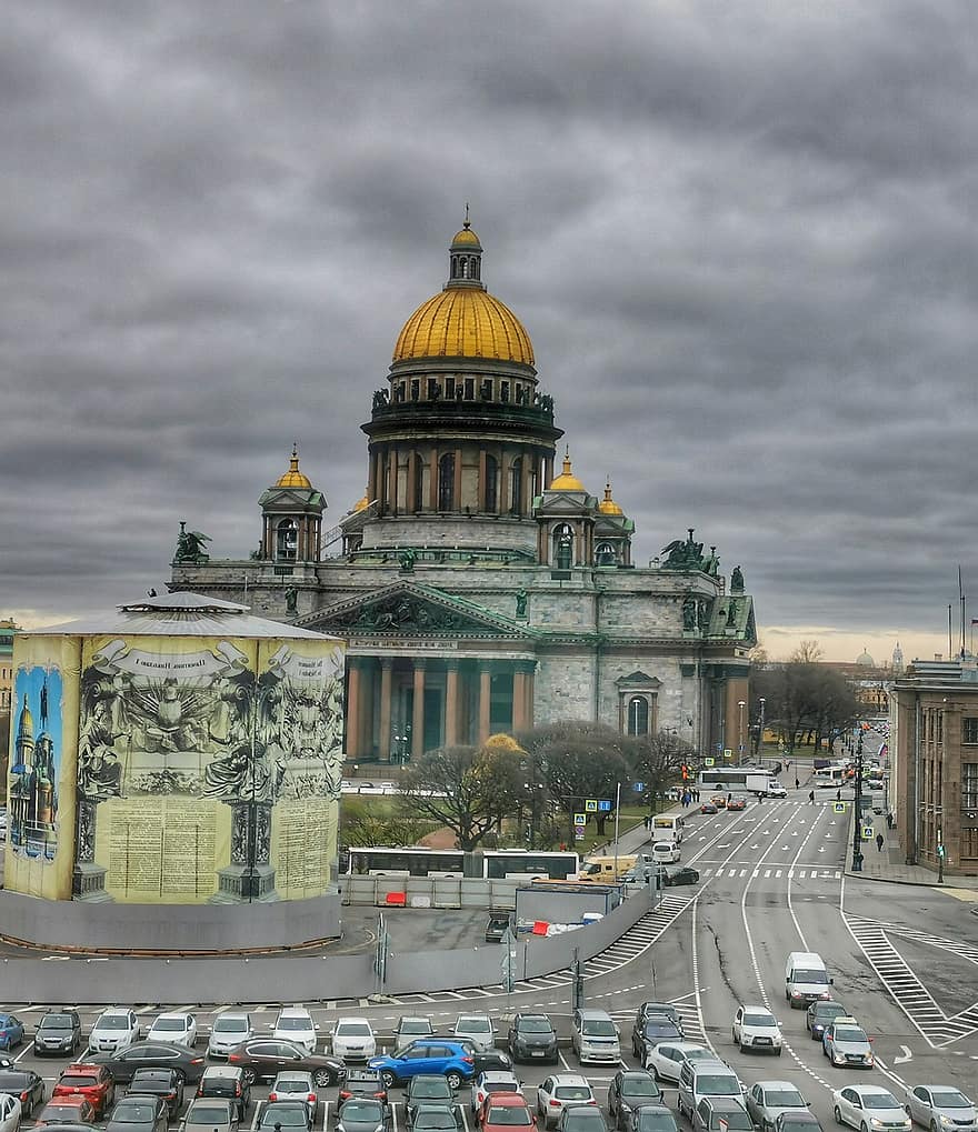 Saint Isaac's Cathedral, Church, City, Saint Petersburg, Russia, Megalopolis, Road, Street, Building, Cathedral, Landmark