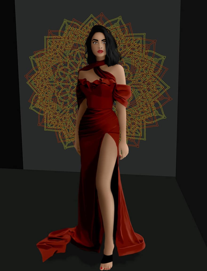 Frau, Mode, Schönheit, Modell-, Porträt, rotes Kleid, glamourös