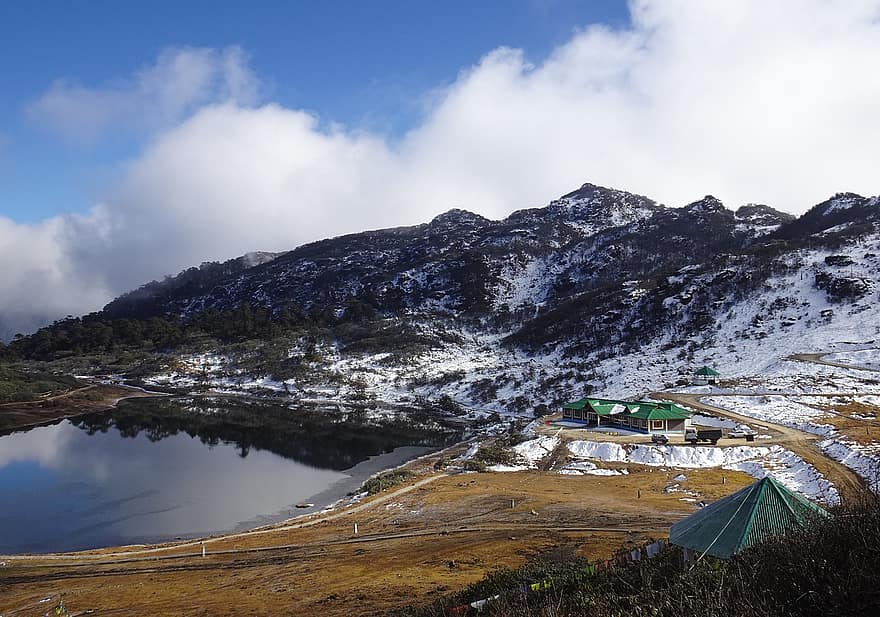 Penga Teng Tso, tó, hegy, Himalája, hó, felhők, színpadi, természet, nagy magasságban, Tawang, Arunachal
