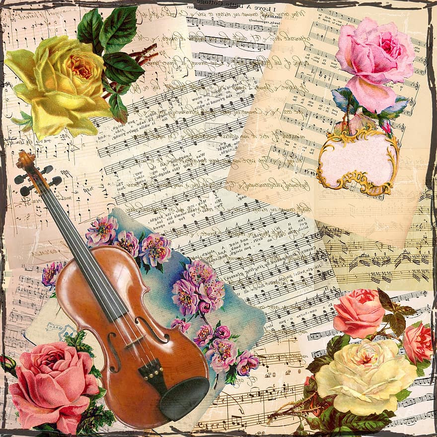 victoriană, epocă, vioară, hârtie, scrapbooking, fundal, flori, foaie, muzică, fundal maro, floare maro