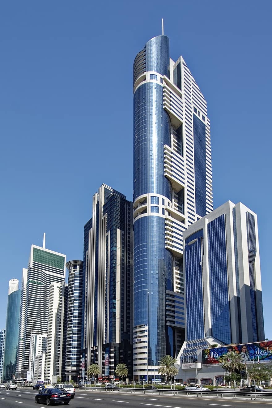 الإمارات العربية المتحدة ، دبي ، شارع الشيخ زايد ، مدينة ، ناطحات سحاب ، ناطحة سحاب ، بناء ، هندسة معمارية
