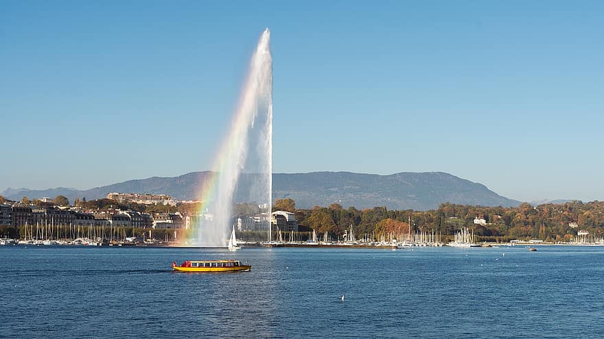 Genève vannfontene, lake geneva, regnbue, geneva, Sveits, innsjø