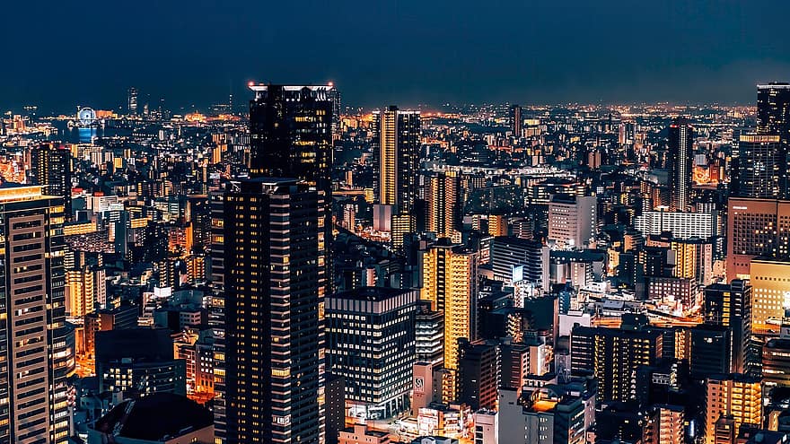 Osaka, Umeda, horizon, gebouwen, stadsgezicht, wolkenkrabbers, stadslichten, infrastructuren, Stedelijk landschap, torens, hoogbouw