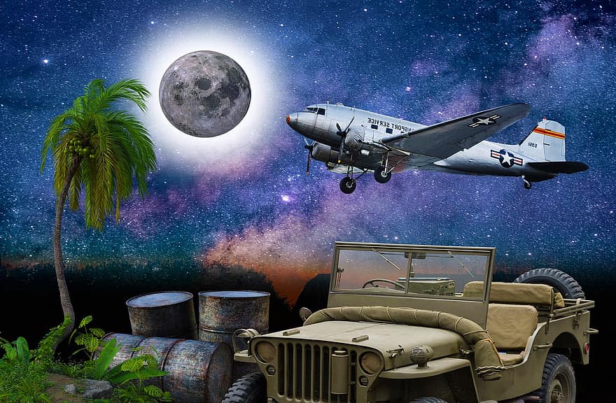 II wojna światowa, Południowy Pacyfik, zabytkowe samoloty, jeep, wyspa, nostalgiczny, wspomnienia, niebo, drzewo palmowe, Fantazja, historia