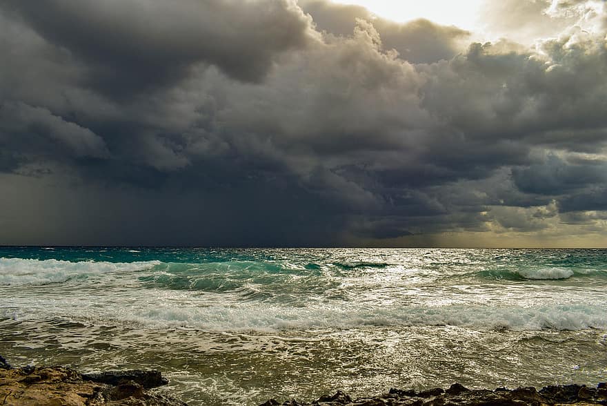 óceán, vihar, hullámok, tenger, ég, felhők, viharos, téli, tengeri tájkép, természet, időjárás