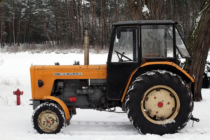 traktor, snö, vinter-, kall, fordon, jordbrukstraktor, lantbruk, utomhus