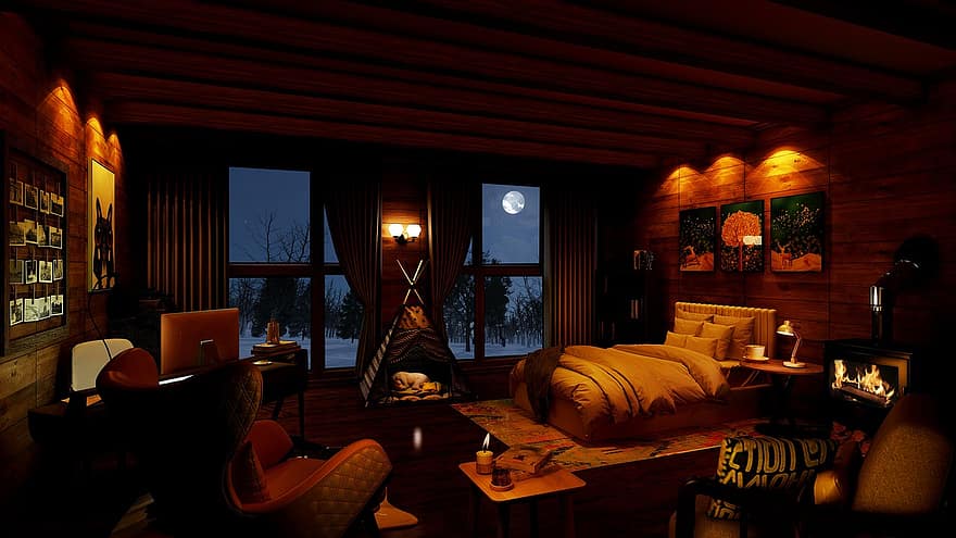 Cozy, Home, Bedroom, Bed, Fireplace, Winter, Snow, Ambience, Mood, Forest, Moon