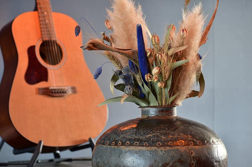gitara, suszony kwiat, instrument, muzyka, atmosfera