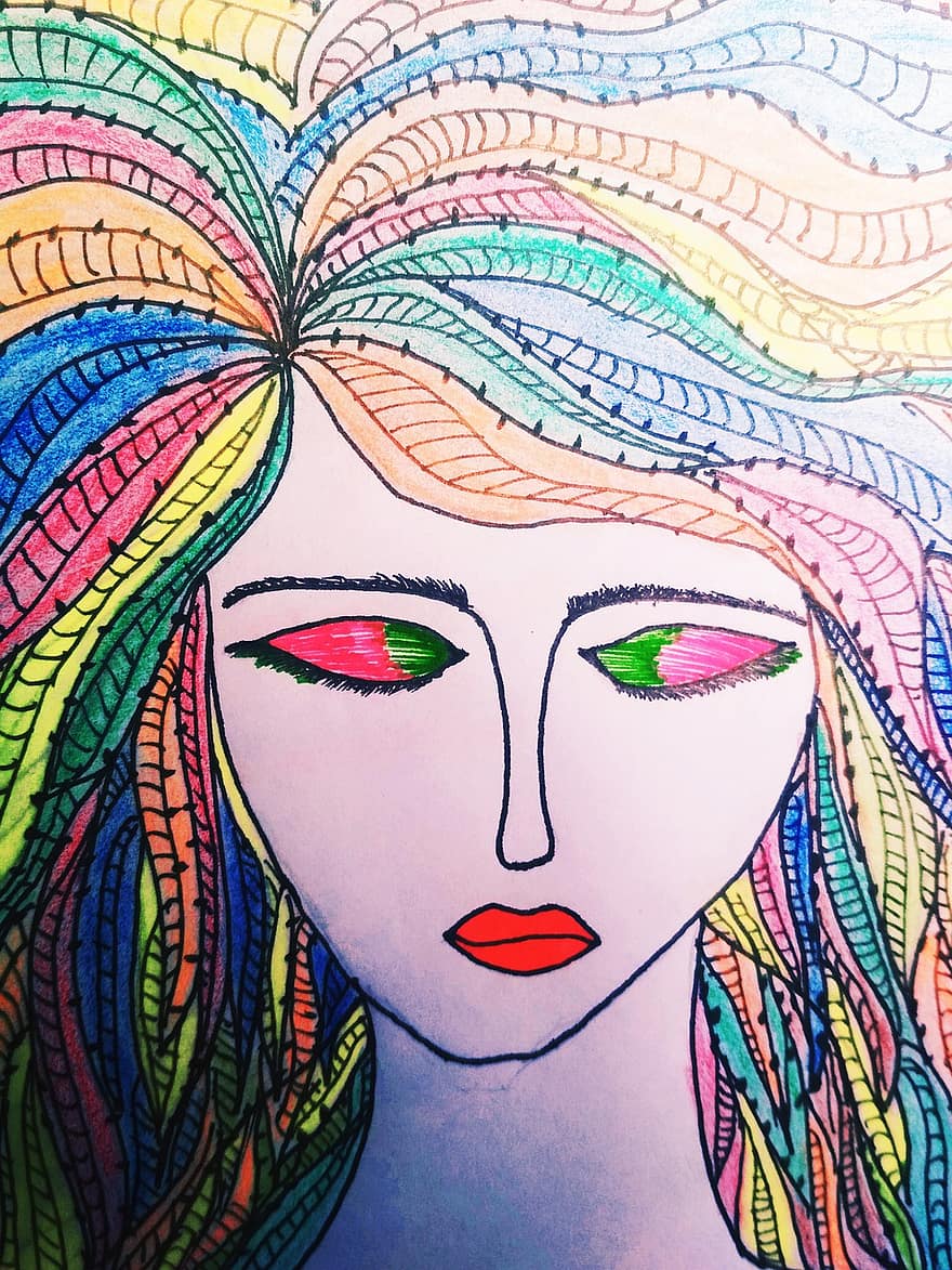 mulher, menina, rainha, desenhando, colorida