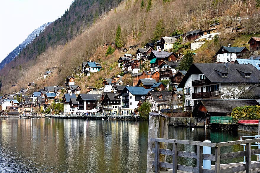 ハルシュタット、オーストリア、湖、村、アルプス、水、山、風景、旅行、コテージ、冬