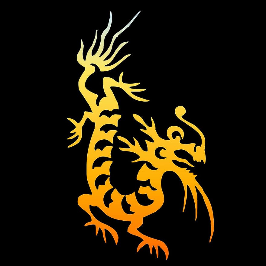 китайский язык, Дракон, тату, оранжевый, пламя, градиент, отрицательный, черный, фон, легенда, зверь