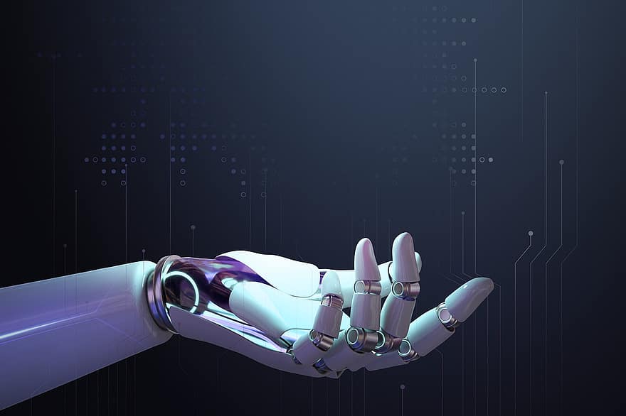 main, robot, ai, tenir, futur, espace, La technologie, futuriste, cyborg, Bras robotique, arrière-plans