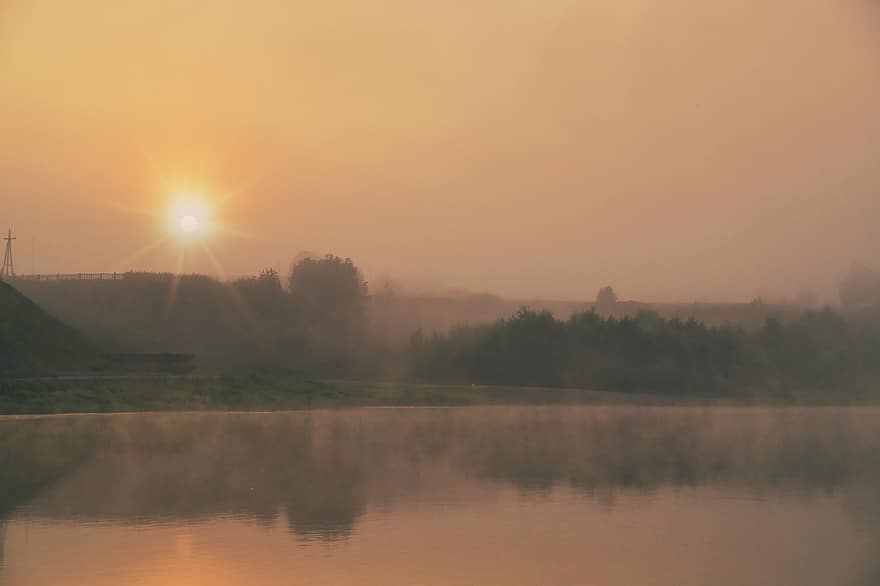 Morning, Dawn, River, Fog, Sun, Rays, Sky, Landscape, Atmosphere