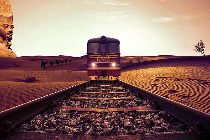 Egypt, cestovat, velbloudi, poušť, vlak, stopy, lokomotiva, turistů, faraon