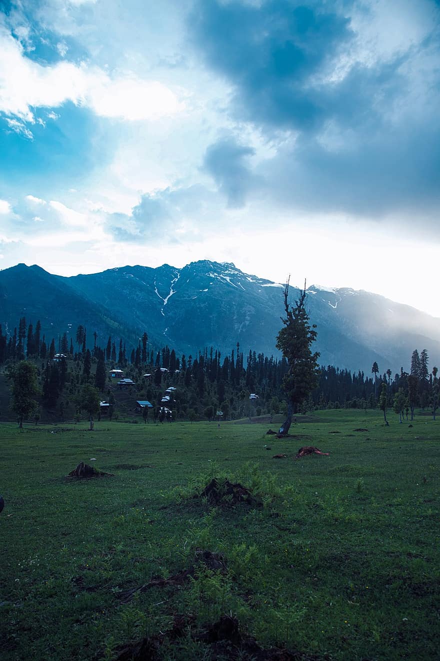 hegyek, völgy, napnyugta, Kasmír, Pakisztán, idegenforgalom, kipiheni magát, utazás, természet, erdő, zöld