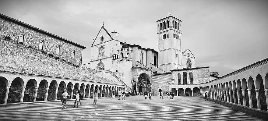 kyrka, basilika, strukturera, assisi, loggia, umbria, Italien, arkitektur, svartvit, årgång, bakgrund