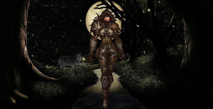 Background Woods, Warrior, Wolf, Fantasy, Woman, Female, Character, Avatar, Digital Art