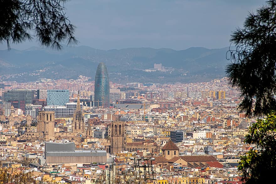 barcelona, panorama, stad, byggnader, natur, himmel, spanien, resa