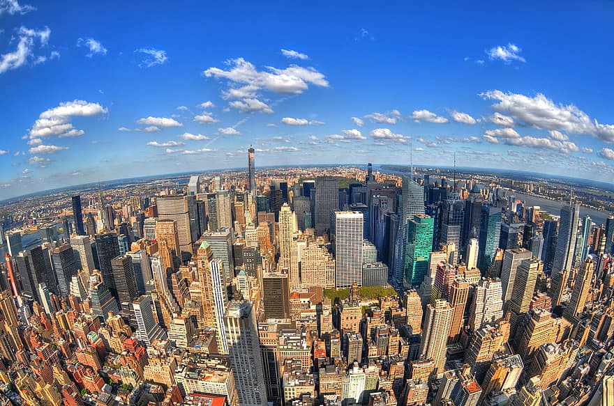 New York, occhio di pesce, città, urbano, edifici, grattacieli, Stati Uniti d'America, scenario, orizzonte, Manhattan, metropoli