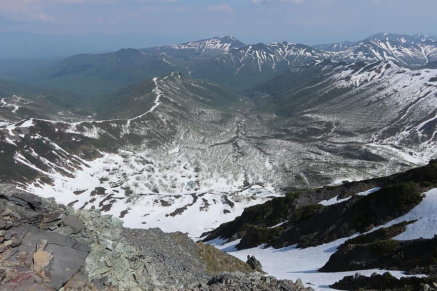 munţi, alpinism, intervale, camping, înălţime, zăpadă, spatiu deschis, pietre, Kamchatka, pante, vale