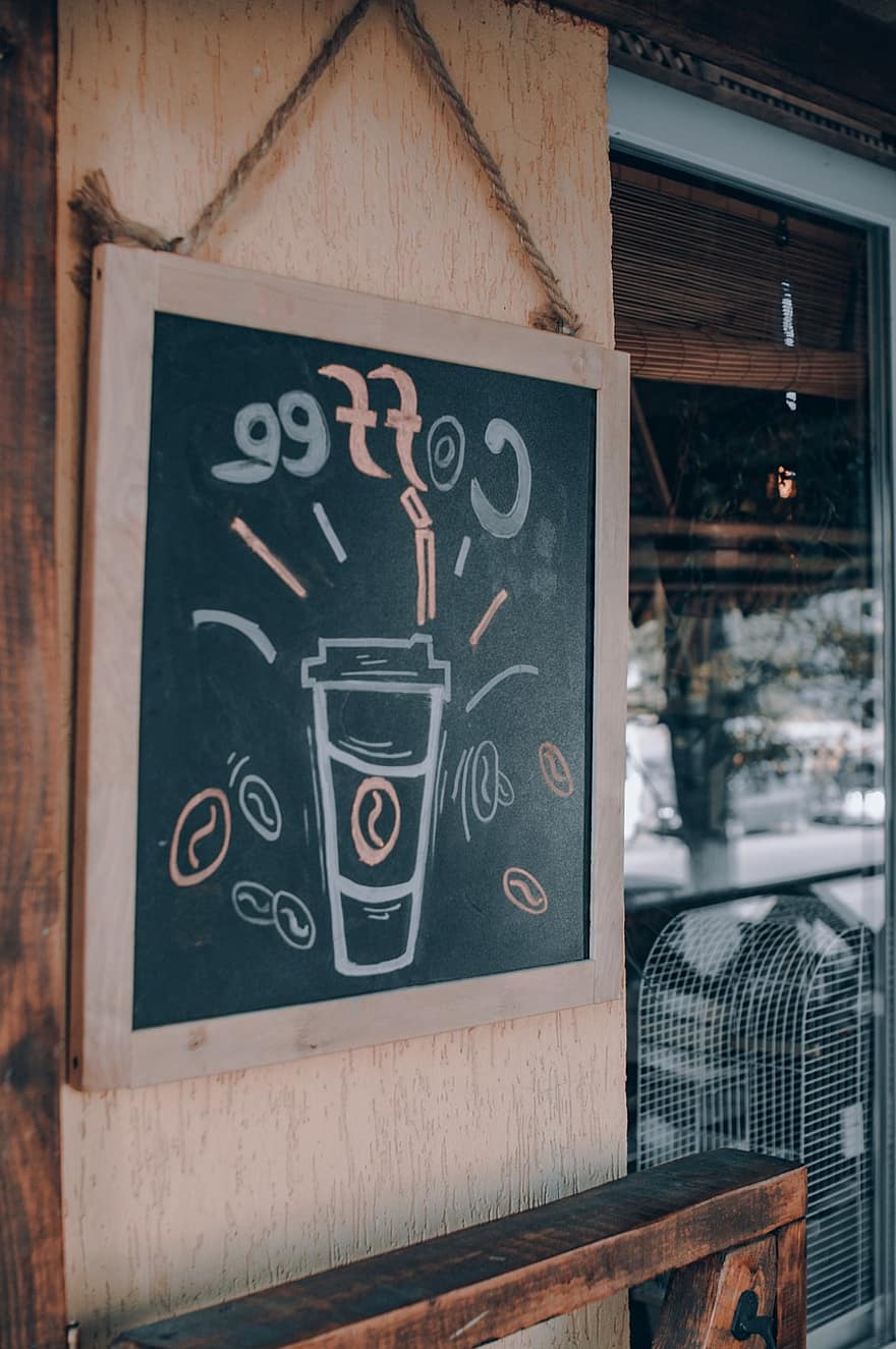 Cafe, Coffee, Shop, Signboard, drink, blackboard, wood, education, table, coffee shop, coffee cup