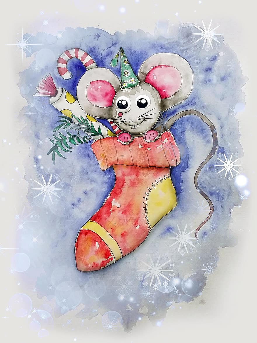 ratón, roedor, media, mitón, Navidad, Vispera de Año Nuevo, linda, gracioso, animal, fantasía, alegre