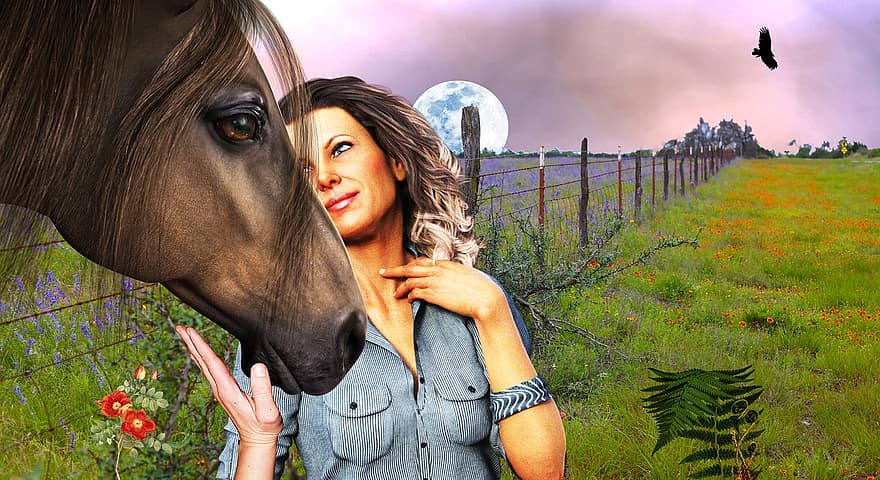đàn bà, con ngựa, mặt trăng, hàng rào, bầu trời, mùa xuân, phong cảnh, đất trang trại, người lớn, mỉm cười, một người