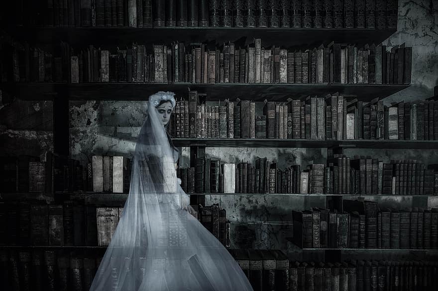 fantasma, noiva, biblioteca, fantasia, espírito
