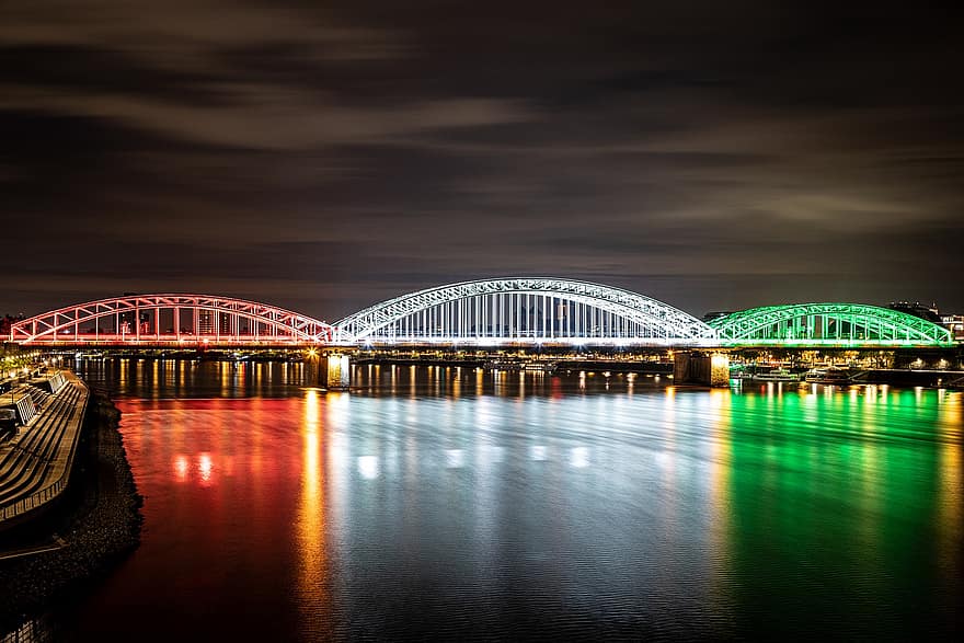 köprü, Ren, nehir, kolonya, Hohenzollern Köprüsü, demiryolu köprüsü, dom, aydınlatılmış, gece vakti, atmosfer, ışık