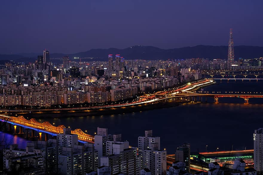 Seoul, Stadt, Fluss, Nacht-, Korea, Beleuchtung, Brücke, Gebäude, Stadtbild, Horizont, Wolkenkratzer