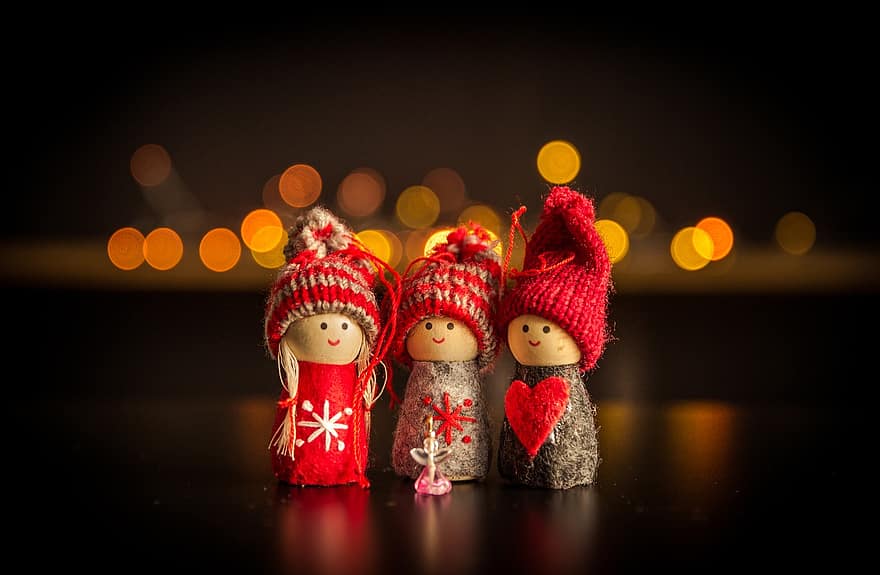 jul, miniatyr, dukke, mini, søt, dekor, bokeh, bakgrunn, dekorasjon, design, figur