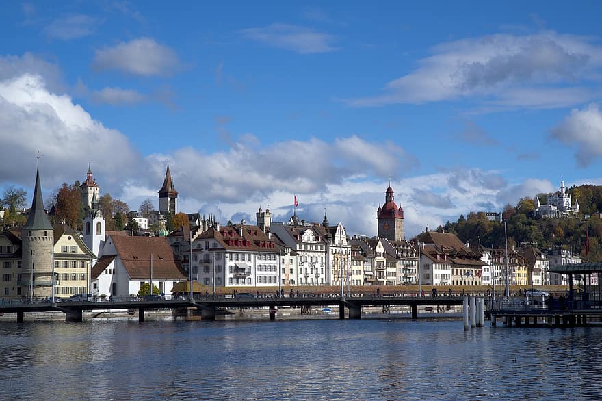 لوسيرن ، سويسرا ، مدينة ، بحيرة ، جسر ، البنايات ، أبراج ، البلدة القديمة ، الحضاري ، الواجهة البحرية