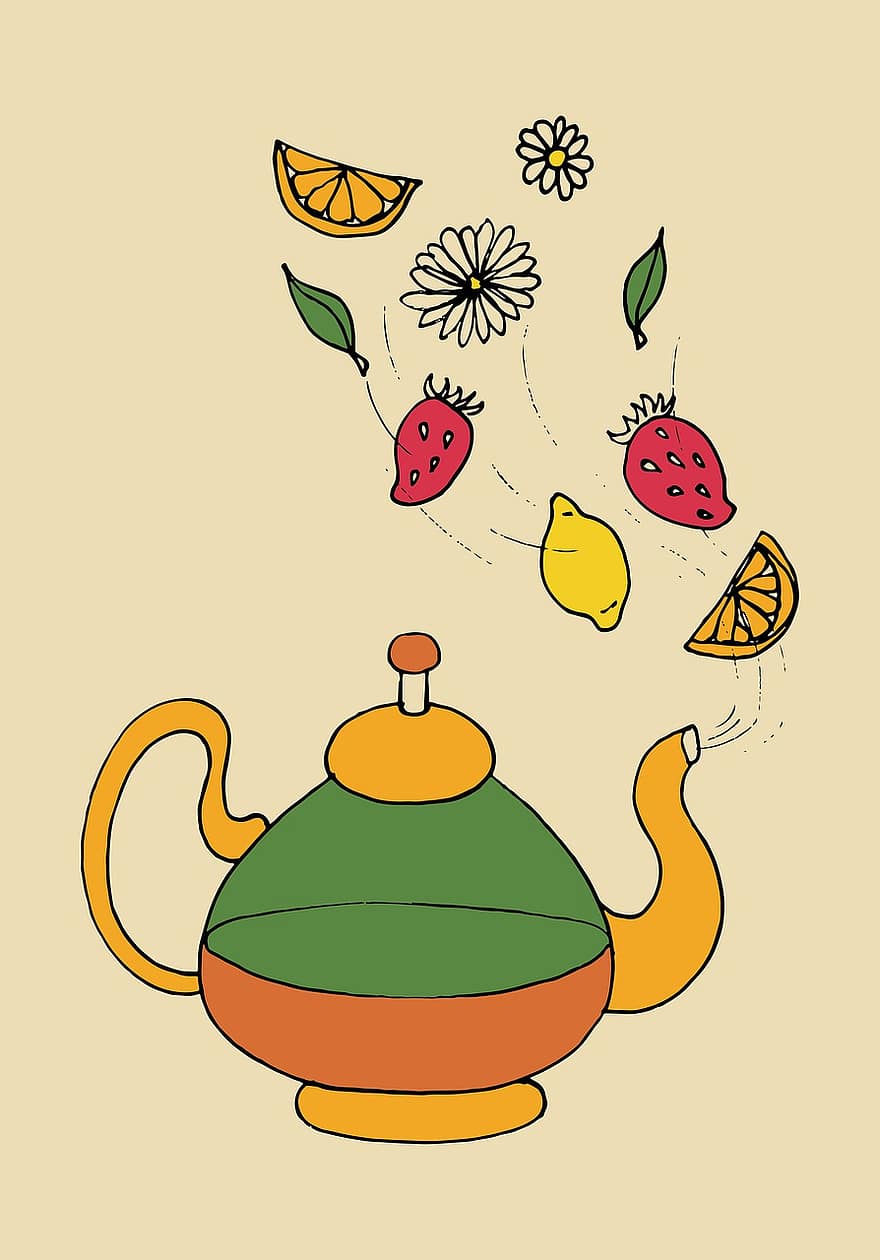 te, vattenkokare, fruktte, blomma te, dryck, brygga te, lukt, konst, skiss, scrapbooking, ritning