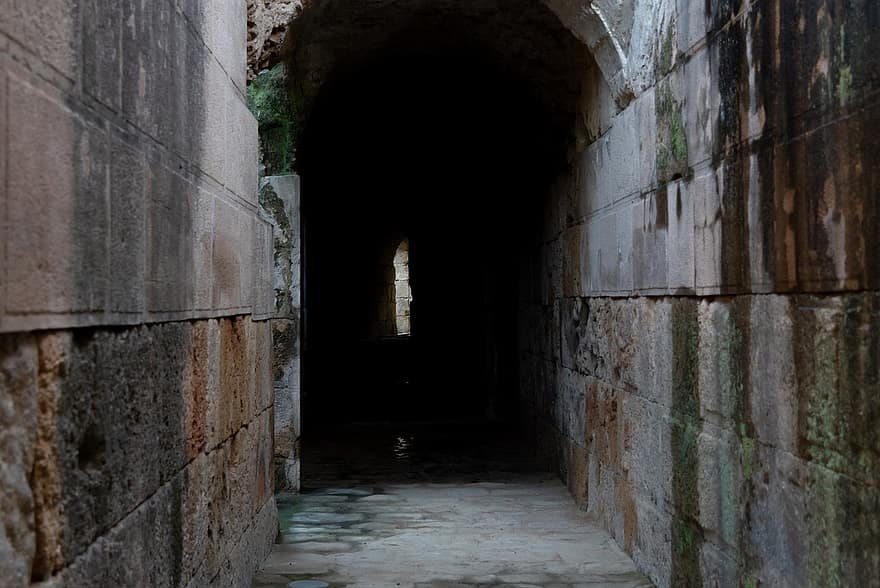 tunnel, ruines, foncé, romain, théâtre, italique, Séville, Espagne, architecture, vieux, mur