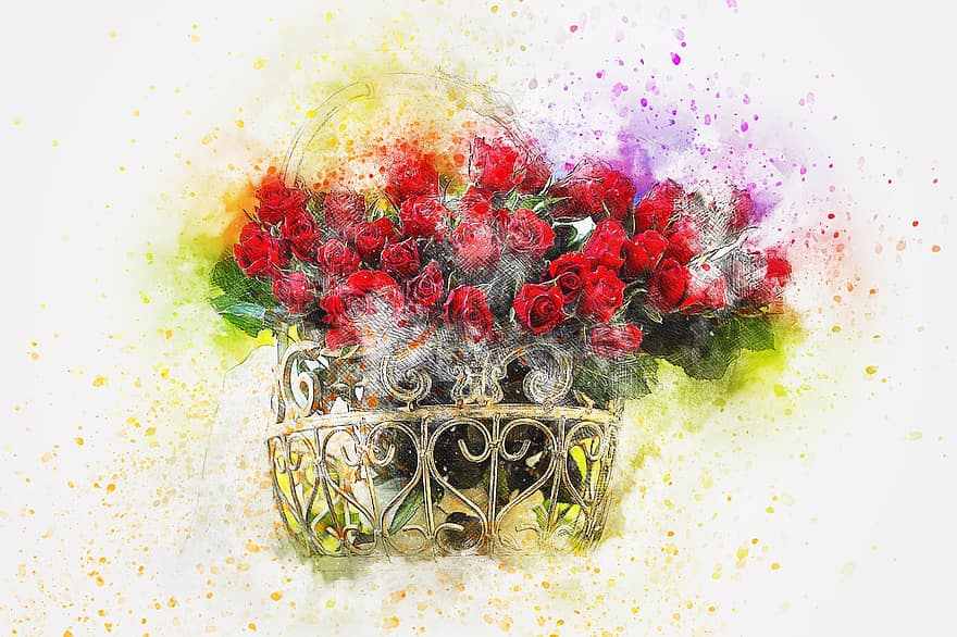 bunga-bunga, mawar, buket, seni, cat air, vintage, alam, pot, merah, abstrak, artistik