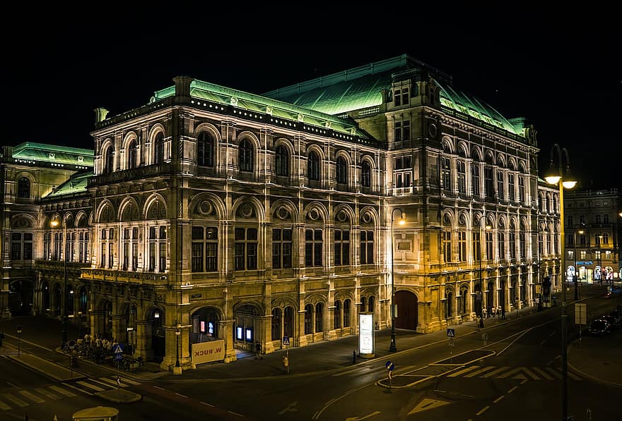 Bécs, állami opera, opera, éjszaka, Ausztria, Operaház, Lámpák, megvilágított, tájékozódási pont, történelmi, színház