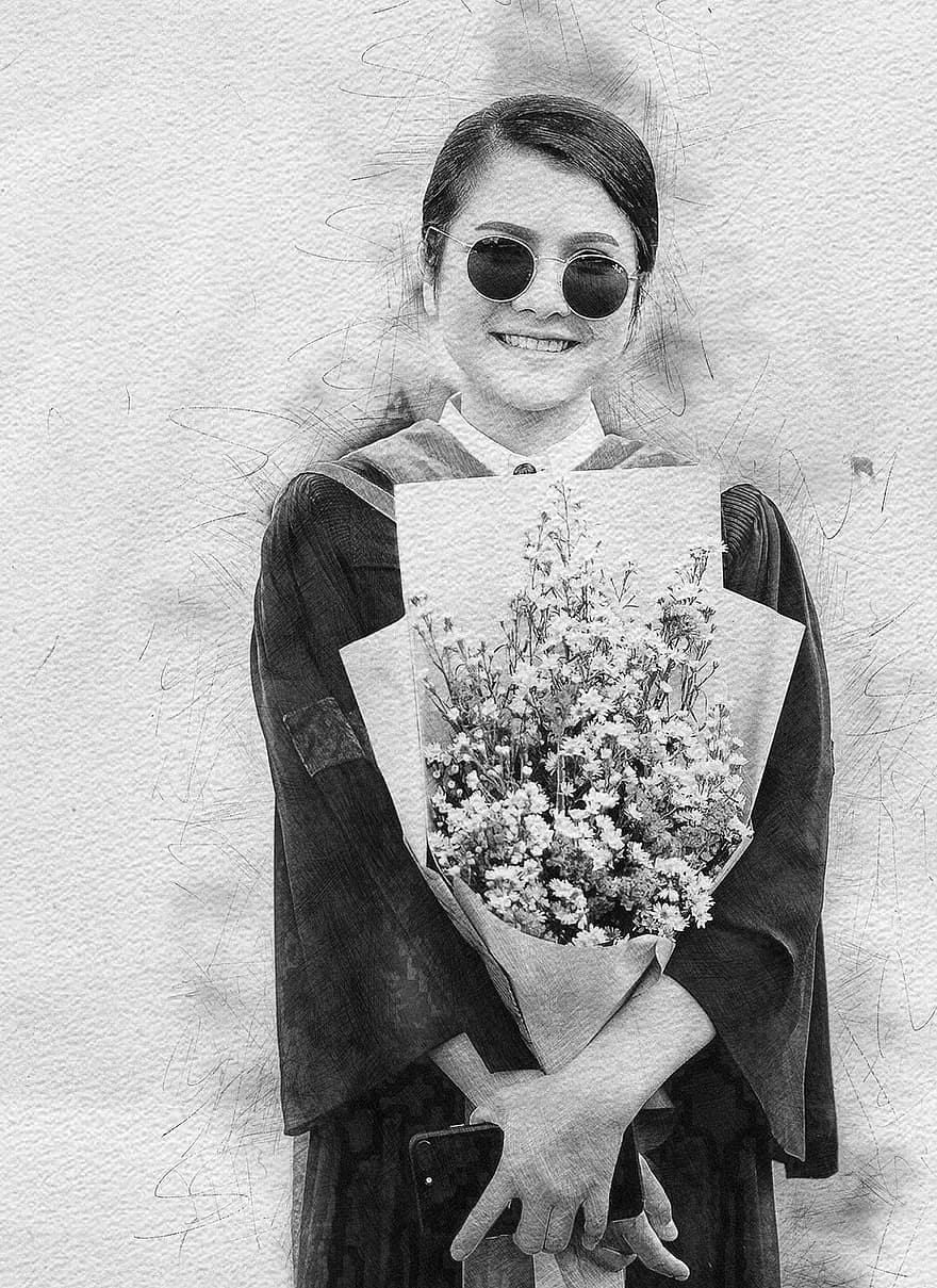 Woman, Graduation, Sketch, University, Academic Dress, Graduation Gown, Bouquet, Flowers, Girl, Sunglasses, Smile