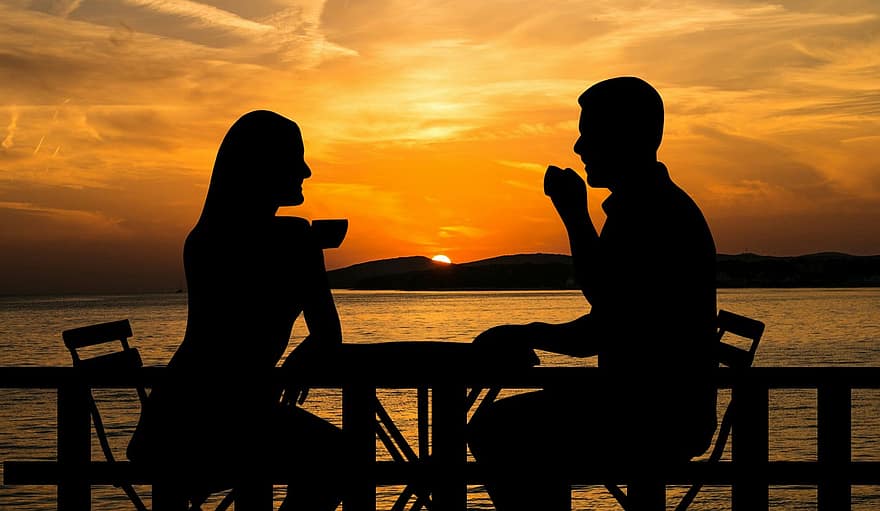 Sunset, Couple, Coffee, Sitting, Table, Drink, Chair, Tea, Cup, Husband, Wife