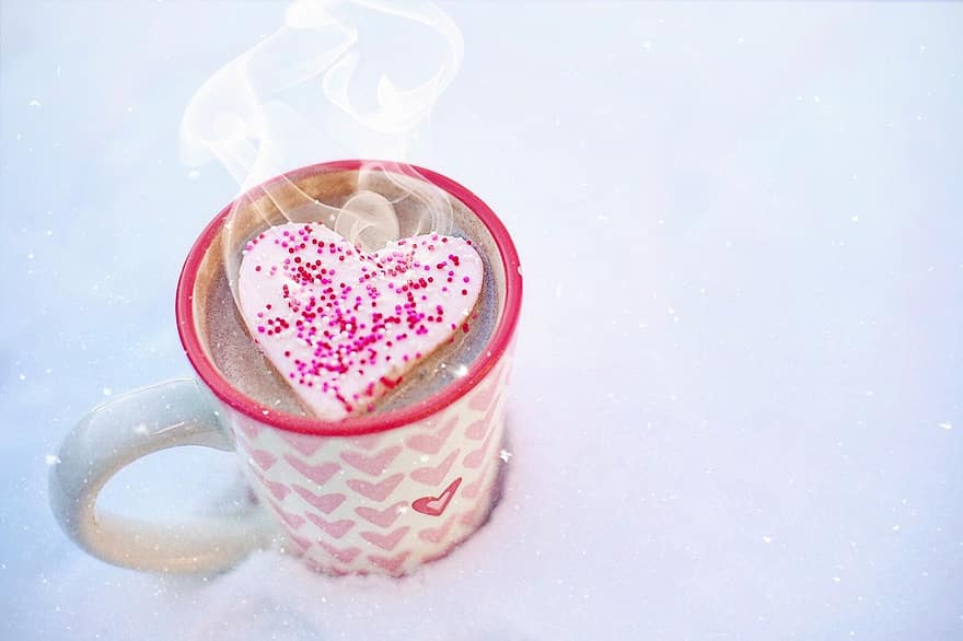 Valentins Dag, kærlighed, romantik, kop, valentinsdag, hjerter, krus, varm chokolade, varm kakao, sne