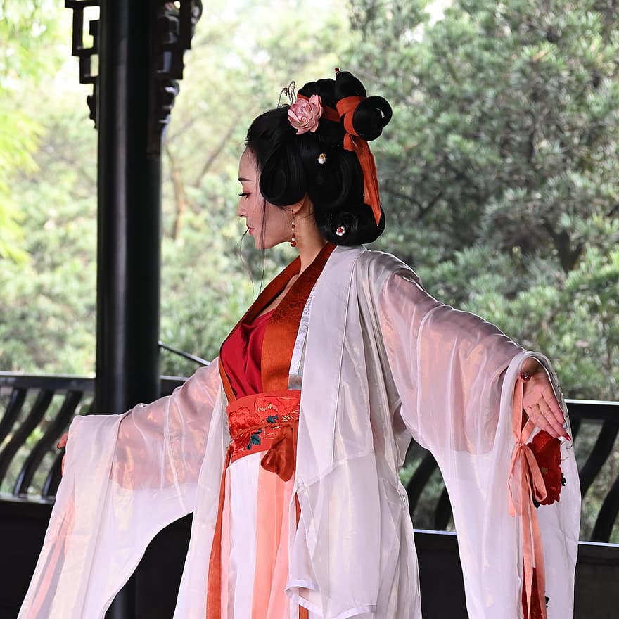 sieviete, hanfu, deja, matu aksesuāri, tradicionāli, kultūra, ķīniešu, kostīms