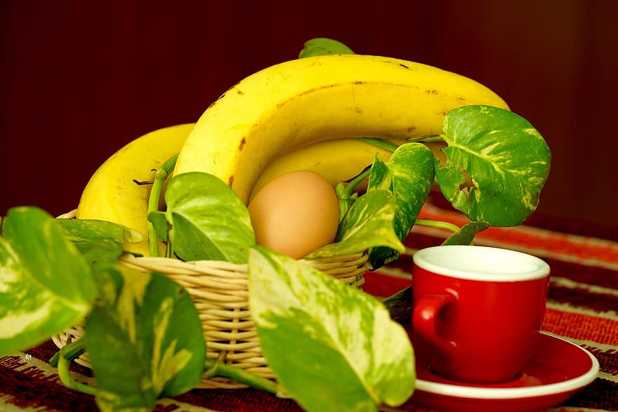 Banane, Ei, Milch, Tasse, Obst, Lebensmittel, Frühstück, Mahlzeit, Korb, Blätter, Getränk